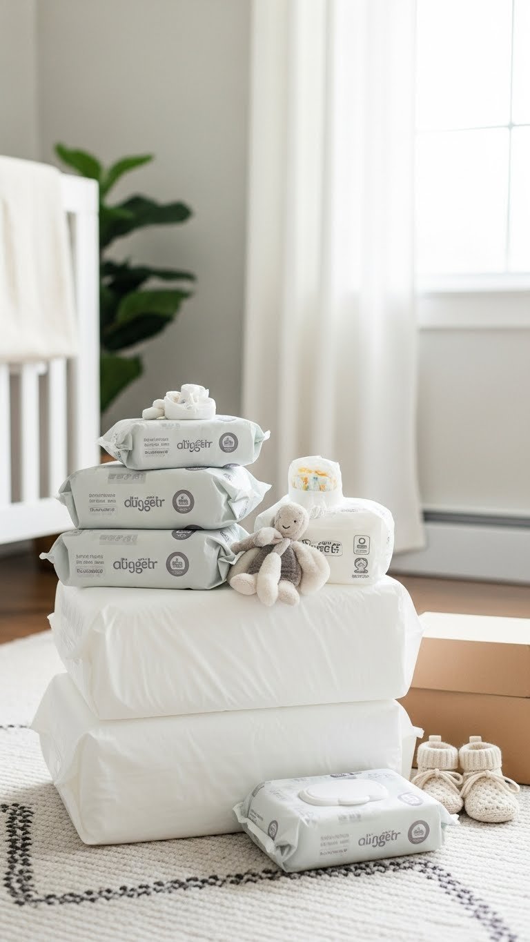 Freshly delivered diaper subscription packages neatly stacked beside changing table with soft baby toy nearby