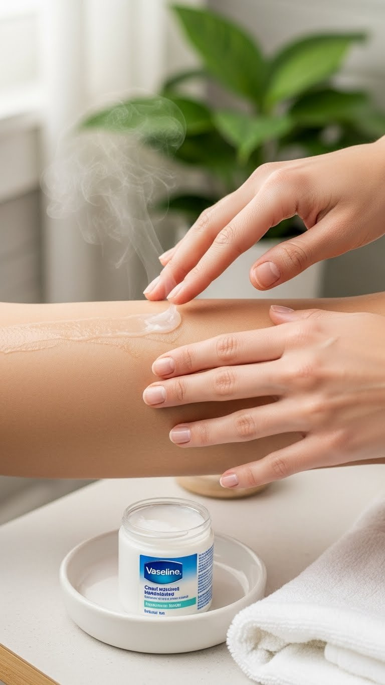 Freshly depilated skin being soothed with Vaseline application for post-hair removal hydration