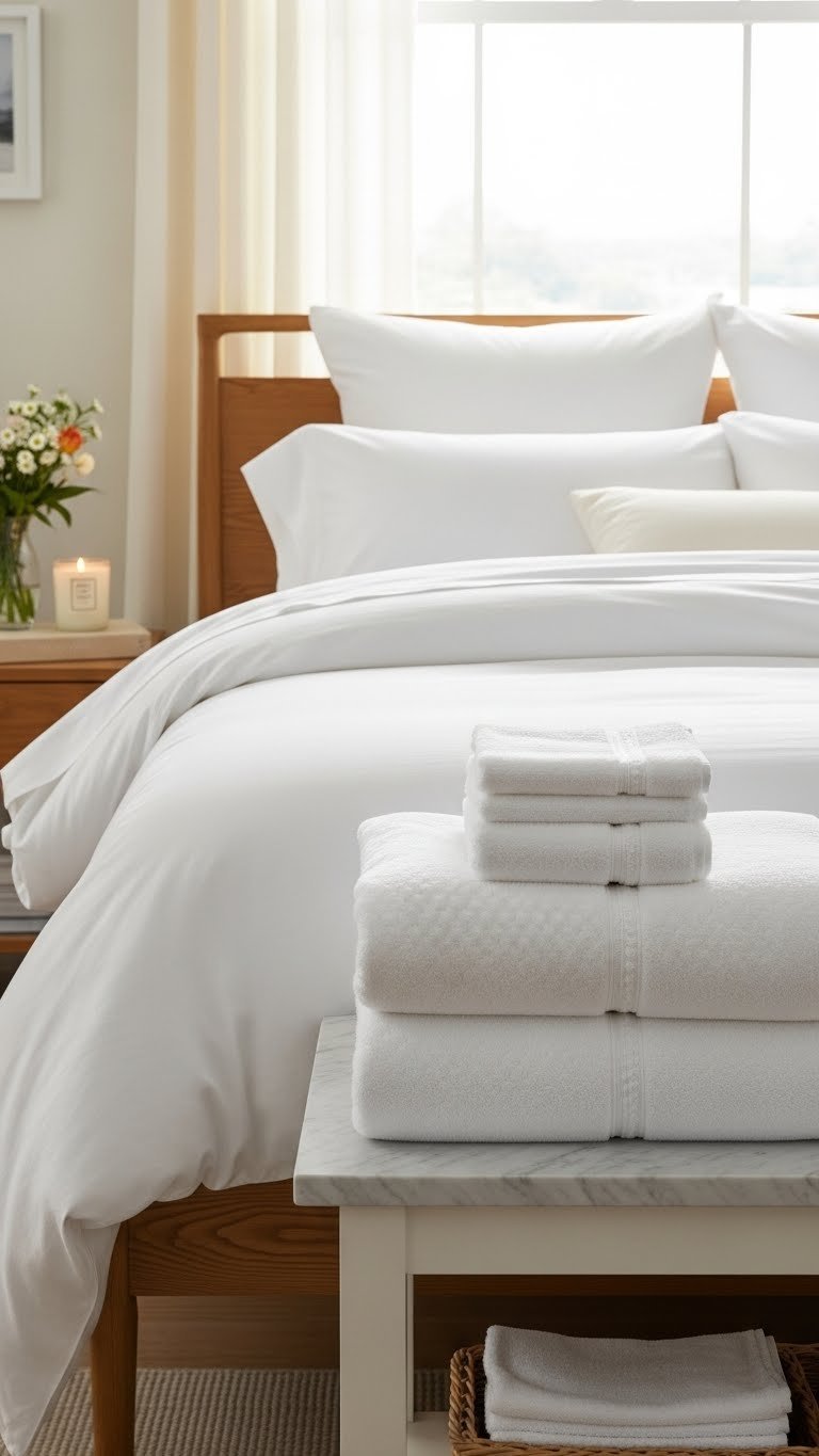 Freshly made bed with high-thread-count white linen sheets and plush pillows in cozy bedroom with soft window light