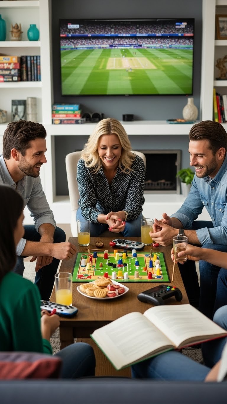 Friends enjoying cricket board game on coffee table with video game controller in stylish living room