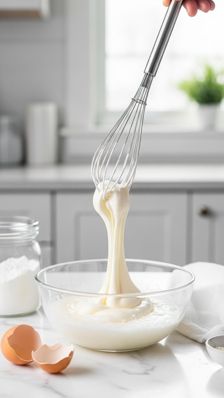 Frothy egg white cornstarch mixture being whisked in clear glass bowl on white marble surface