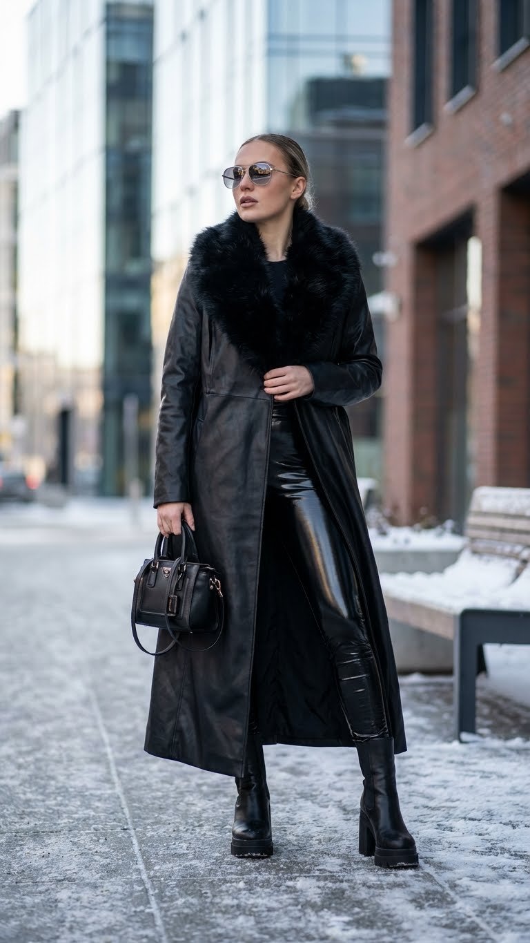 Full body shot of a fashion-forward individual in an edgy black faux leather trench coat, wet-look leggings, and platform boots on an urban street.