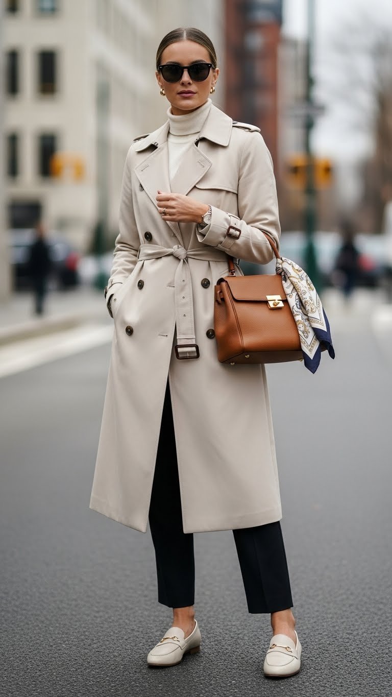 Full-body shot of classic beige trench coat layered over white turtleneck in natural outdoor city setting