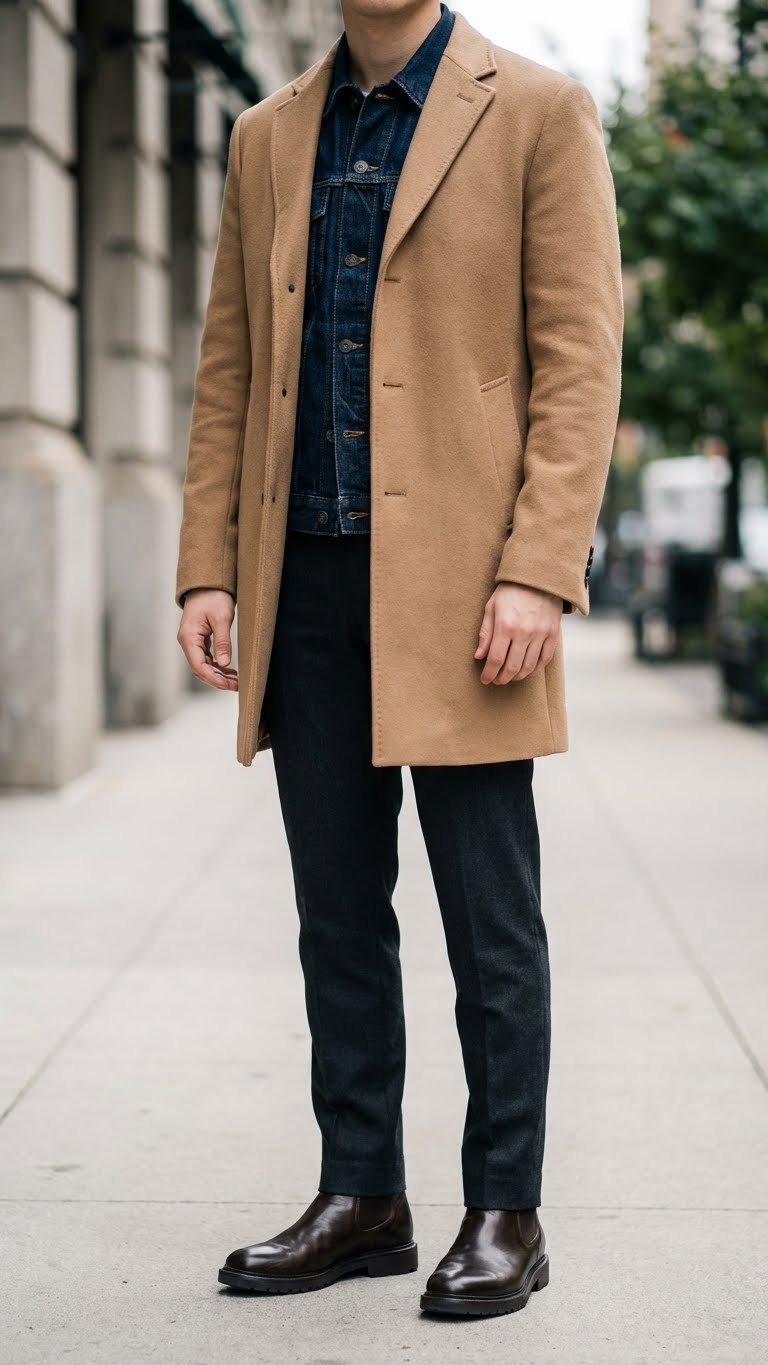 Full-body shot of person showcasing double coat layering: tailored camel wool coat over dark wash denim jacket on urban sidewalk.