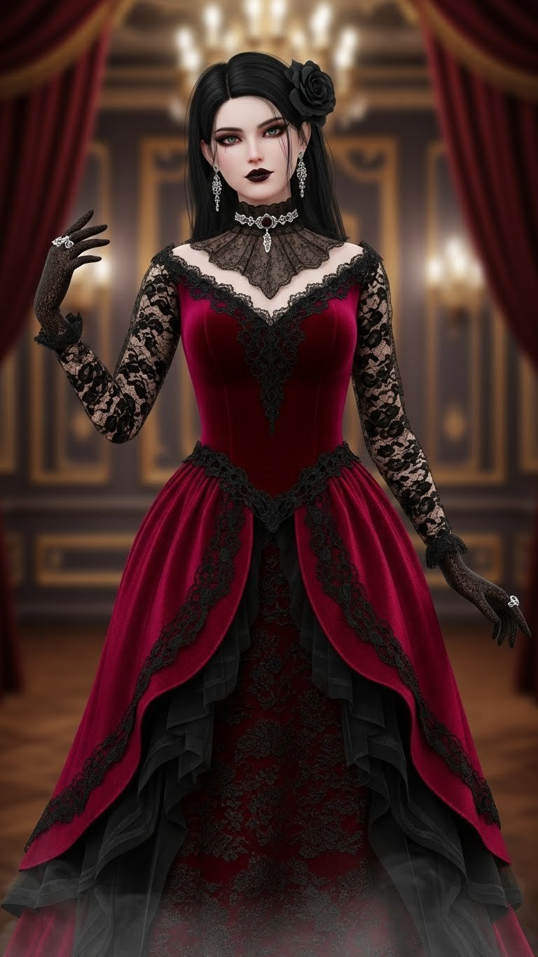 Full-body shot of virtual avatar in crimson velvet gown with black lace overlay posing dramatically in baroque ballroom setting