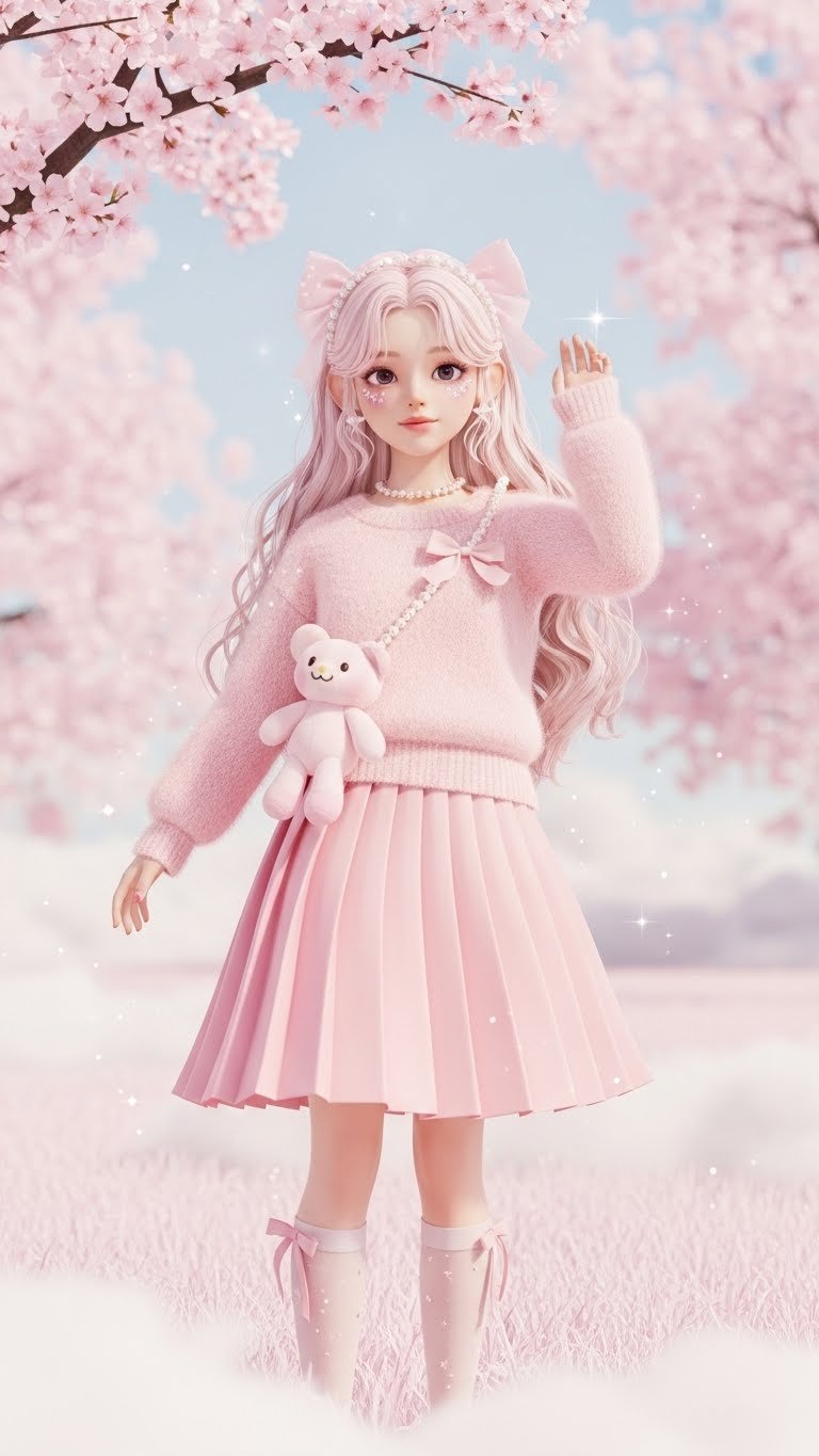 Full-body shot of virtual avatar in layered pink outfit with pastel bows posing dreamily in whimsical garden setting