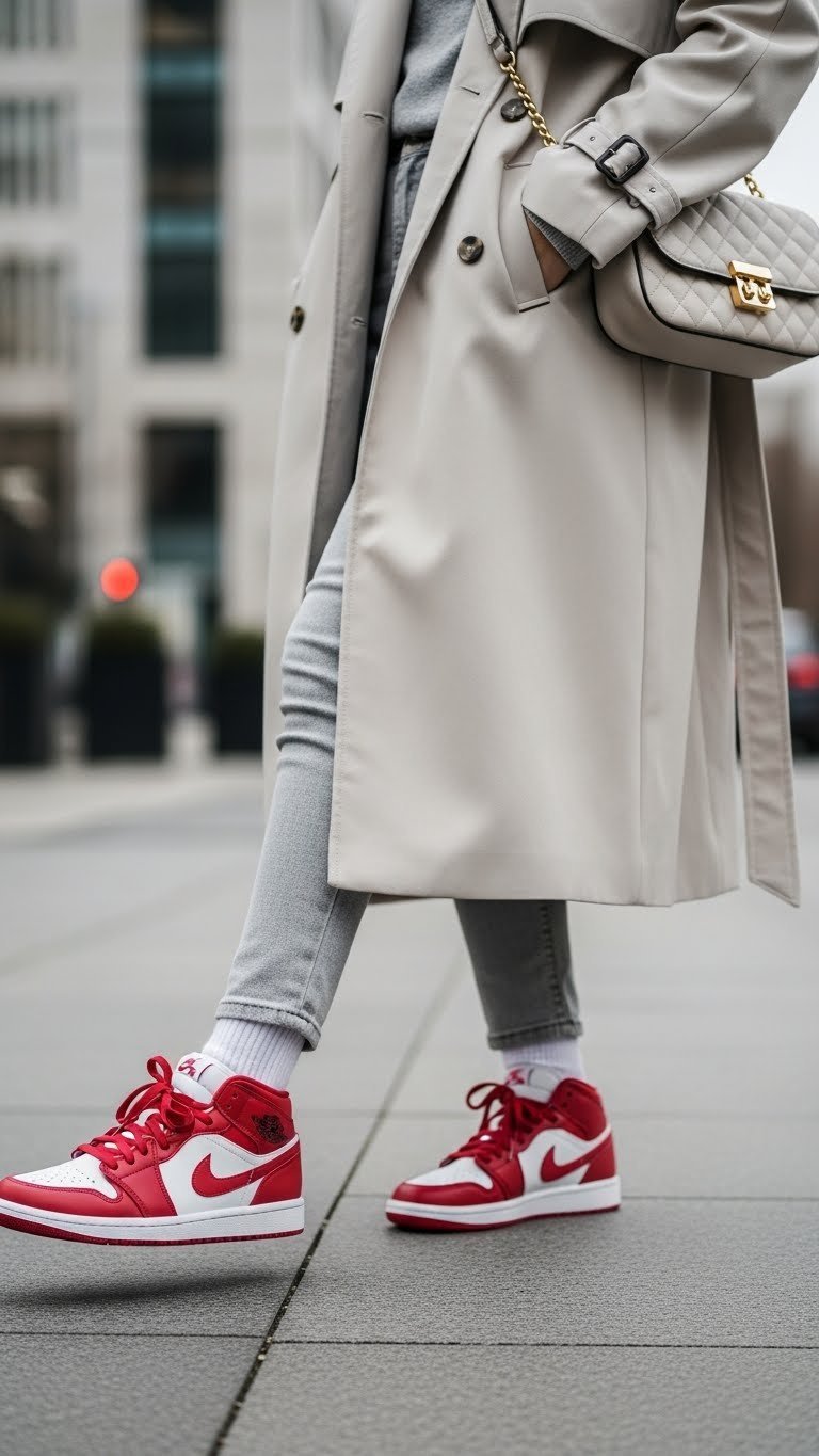 Full-body street style outfit featuring Air Jordan 1 Low Valentine's Day sneakers with trench coat in urban city setting