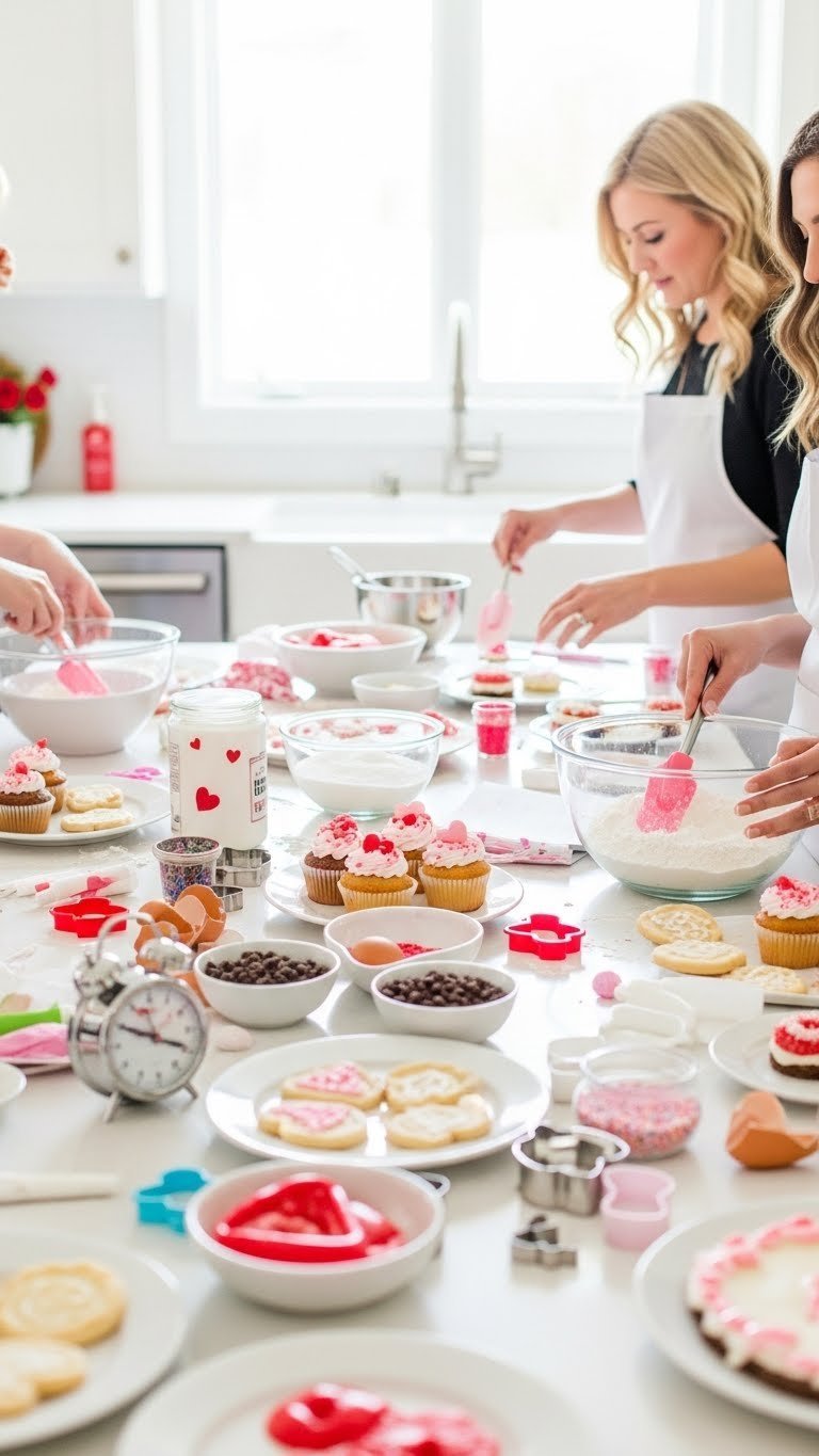 Fun Valentine's Day bake-off challenge with baking ingredients, cookie cutters, cupcakes, and colorful frosting decorations
