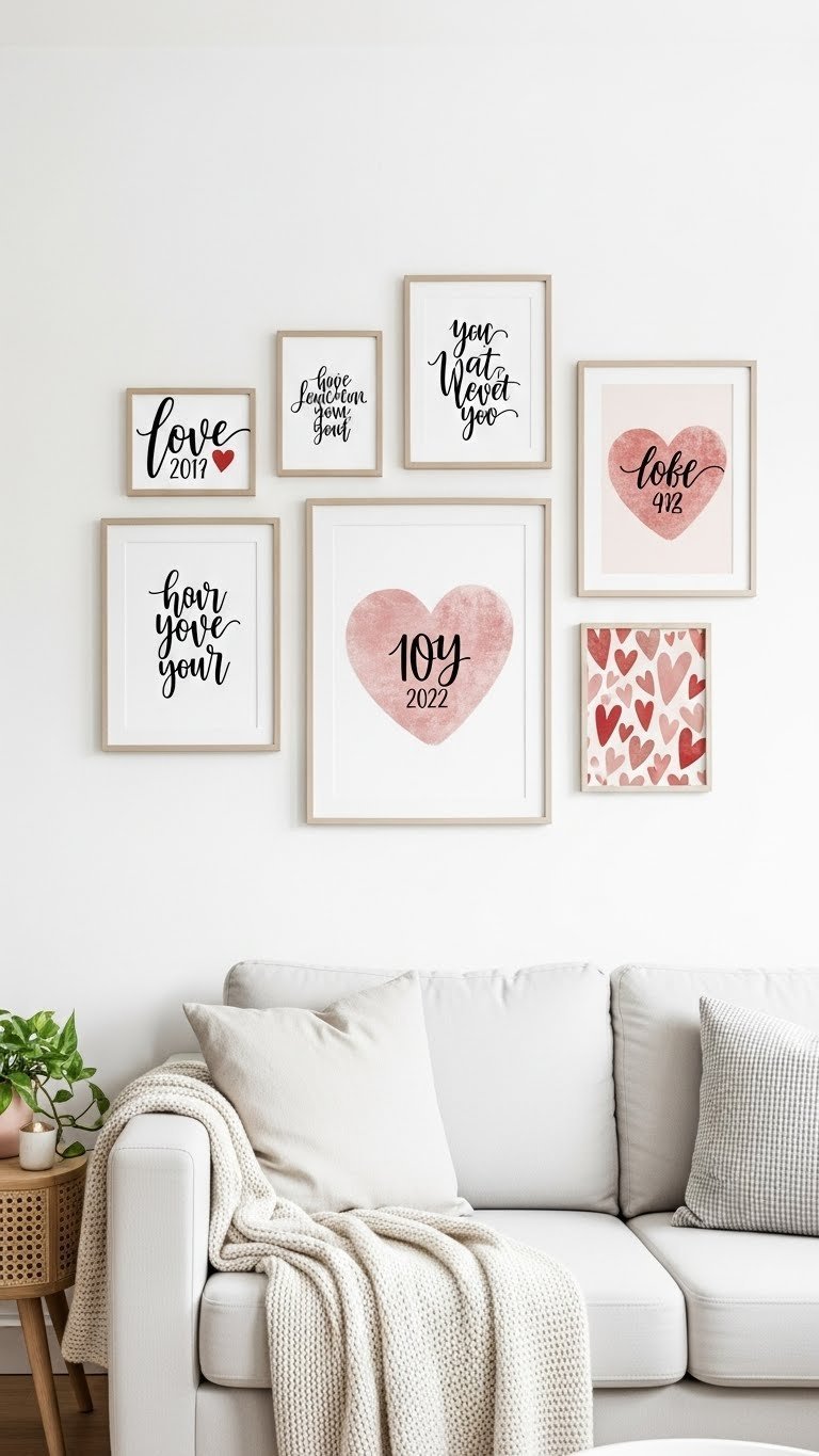 Gallery wall of Valentine's Day art featuring framed love quotes and heart patterns on clean white wall