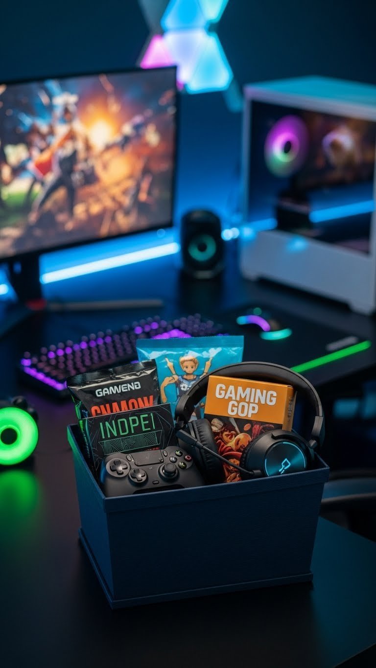 Gamer gift basket overflowing with gaming snacks, new headset, and controller charging station on dark desk with gaming setup background