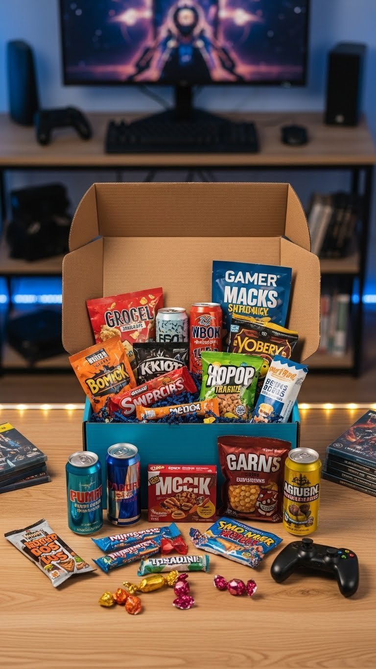 Gamer snack subscription box overflowing with colorful assortment of treats arranged on wooden table