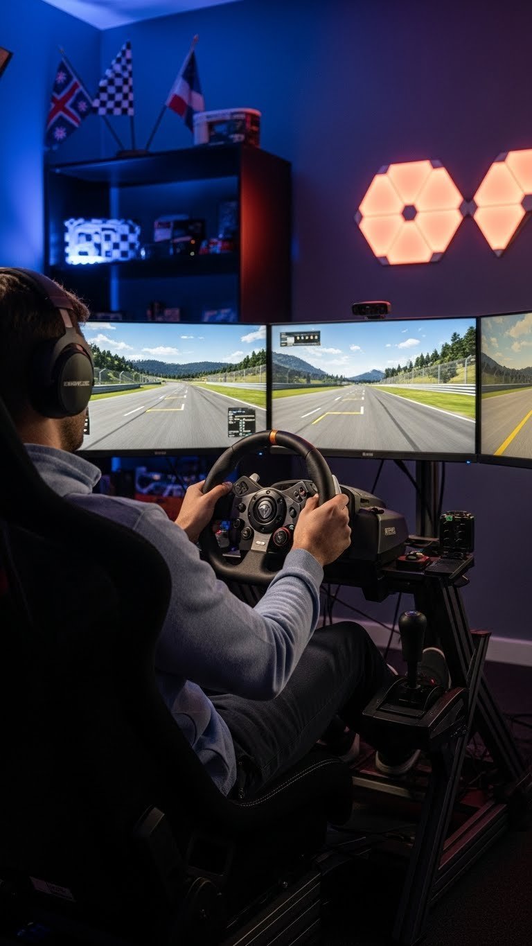 Gamer using high-end racing simulator setup with force-feedback steering wheel and triple monitors displaying race track