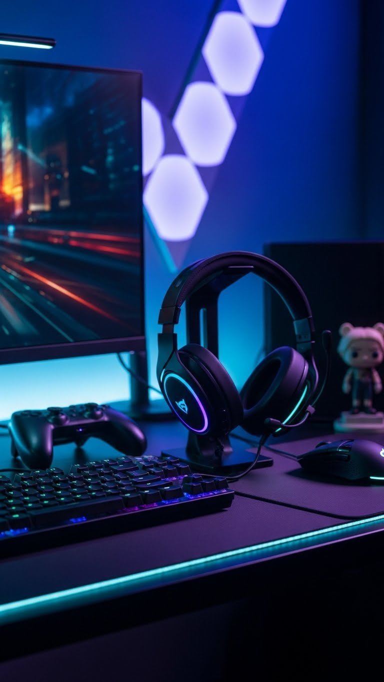 Gaming headset with RGB lighting on dark desk setup with controller and ambient LED strips