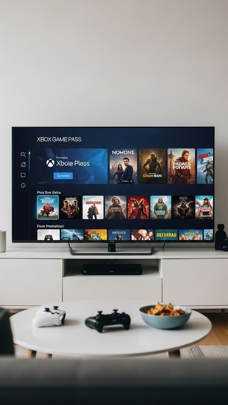 Gaming subscription service interface displayed on large modern TV screen in living room setting