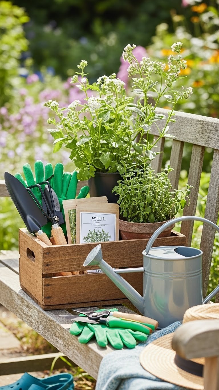 Gardening starter set with tools and potted herbs arranged in wooden crate on weathered garden bench