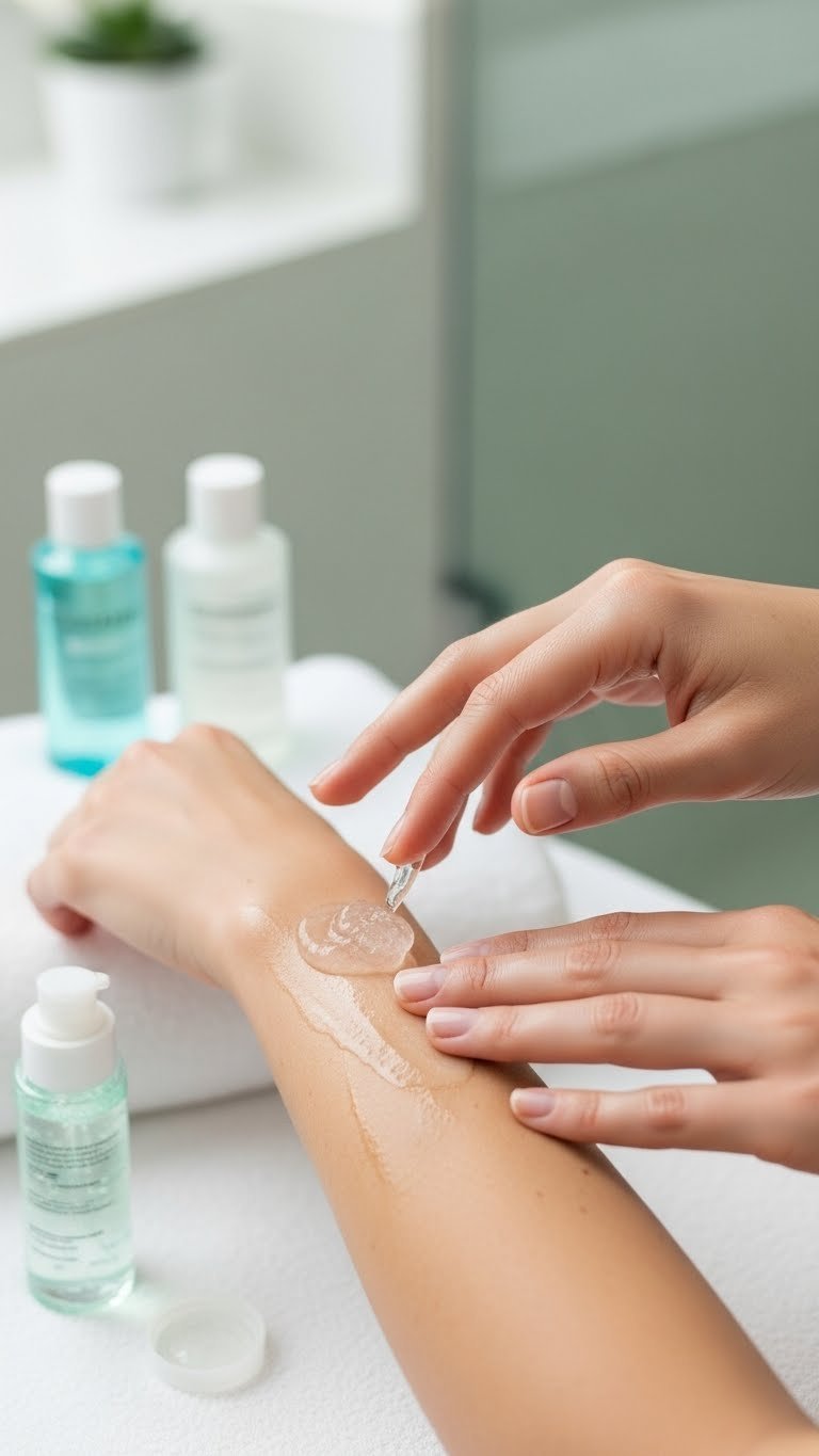 Gentle application of aloe vera gel to skin after IPL treatment with soft white linen background