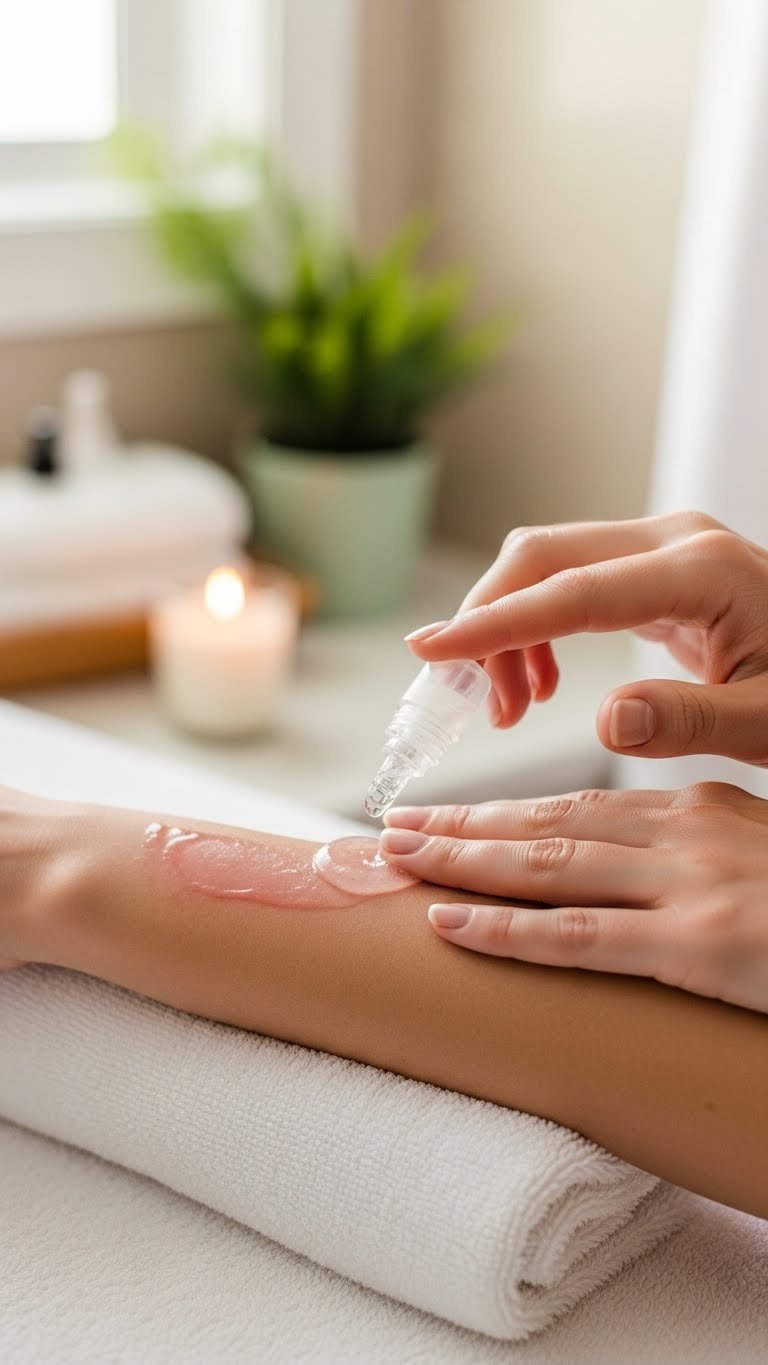 Gentle application of post-wax soothing oil onto freshly waxed skin to calm redness and hydrate