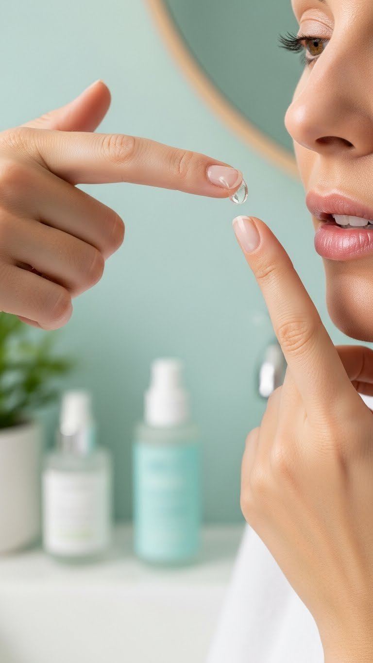 Gentle fingertip massage applying clear soothing gel to freshly treated upper lip skin