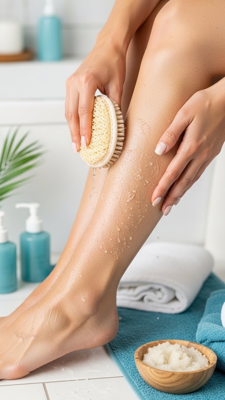 Gentle leg exfoliation with natural loofah showing circular motions and water droplets on damp skin