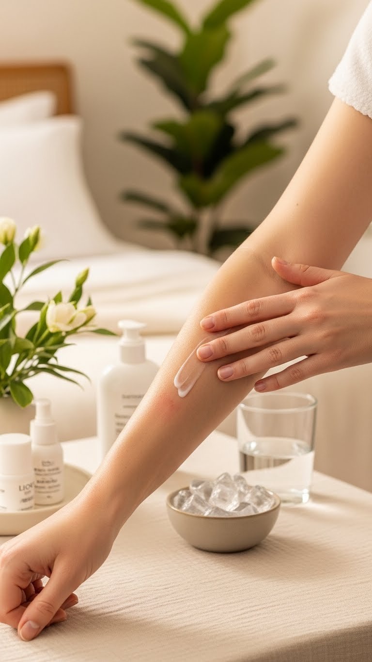 Gentle lotion application on arm with subtle redness after IPL session showing proper aftercare