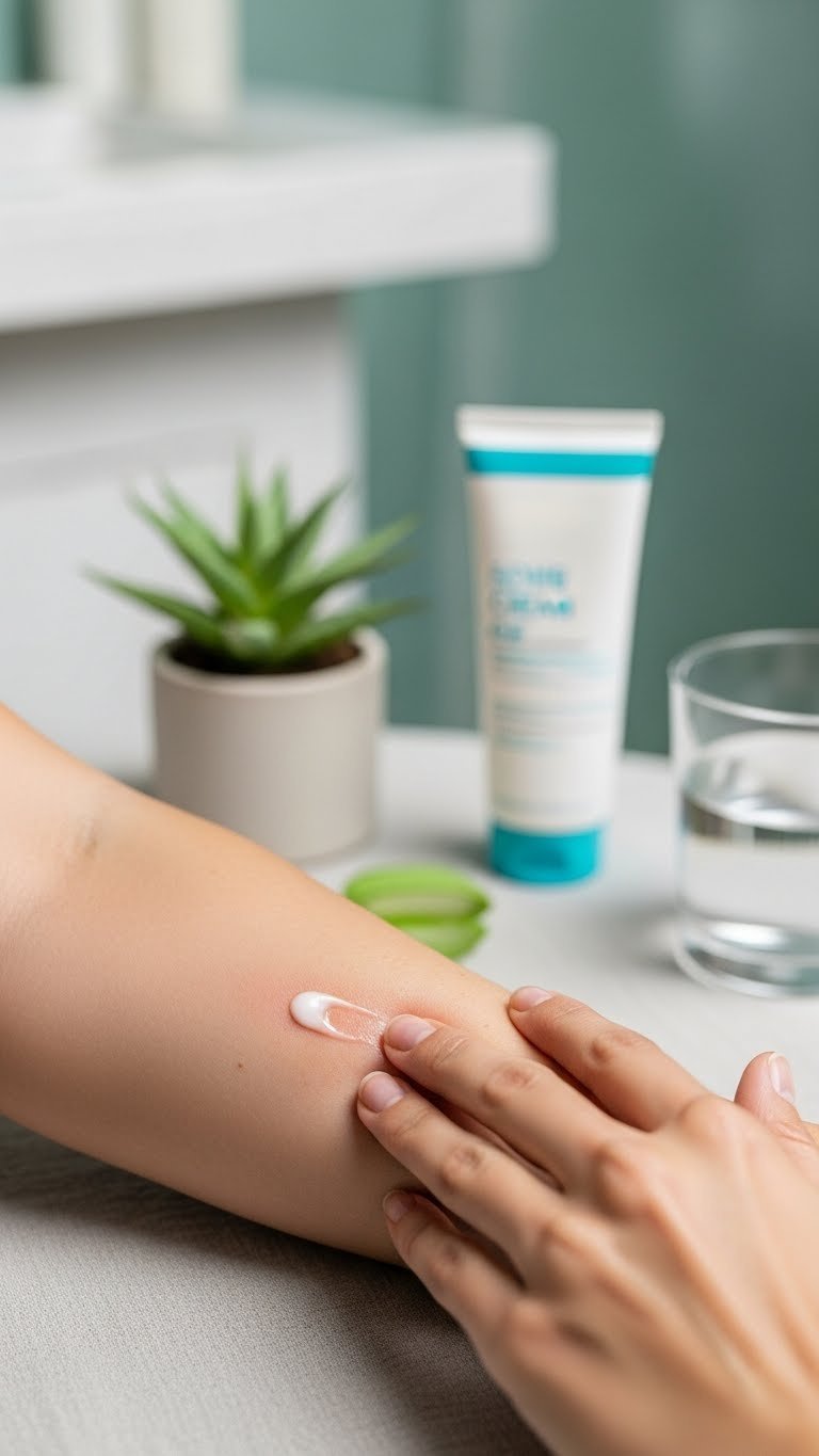 Gentle touch on slightly red skin patch with soothing cream for post-hair removal care