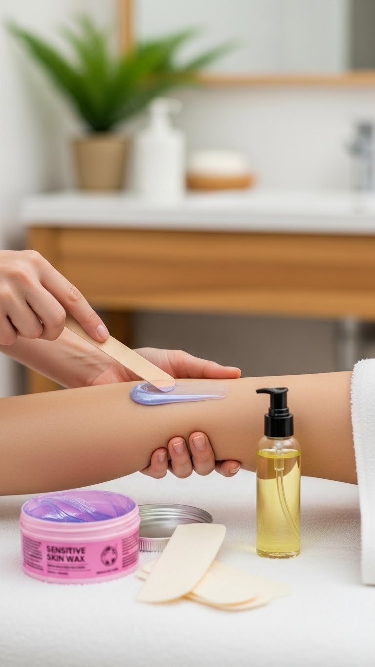 Gentle waxing session with hypoallergenic soft wax applied to sensitive skin using wooden spatula