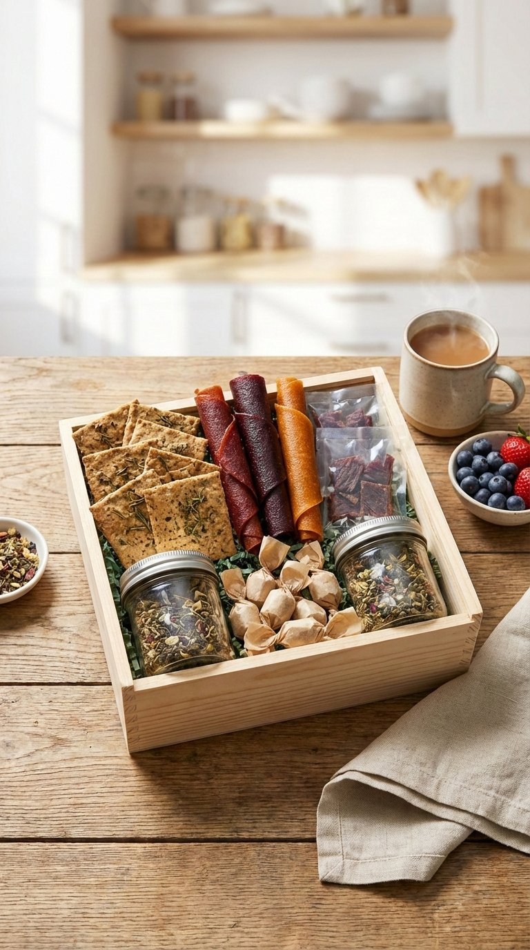 Gift box overflowing with healthy pregnancy snacks including crackers and fruit on rustic table