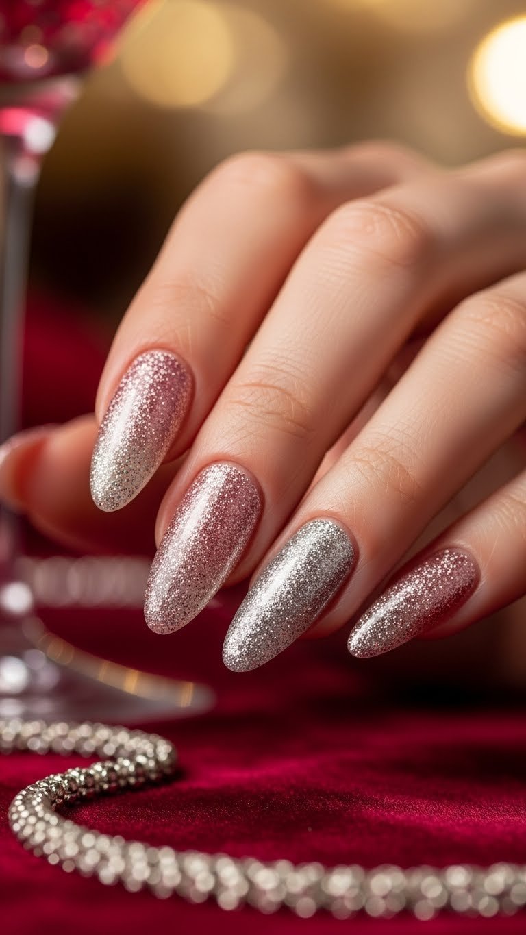 Glamorous glitter ombre almond nails with sparkling gradient transition on plush velvet background