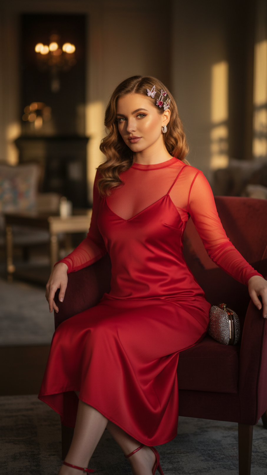 Glamorous red satin slip dress with butterfly hair clips styled in elegant lounge with velvet armchair