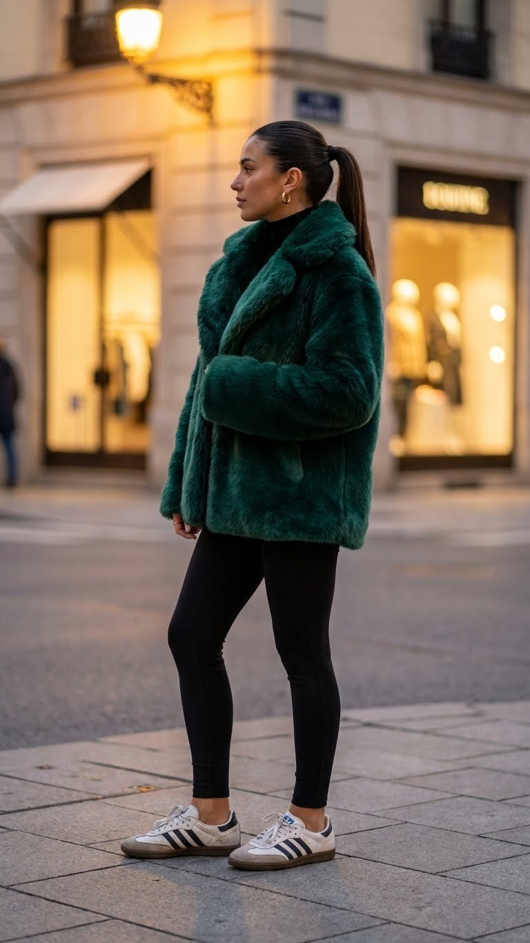 Glamorous winter outfit: oversized emerald faux fur coat, black leggings, vintage leather sneakers, city street at dusk.