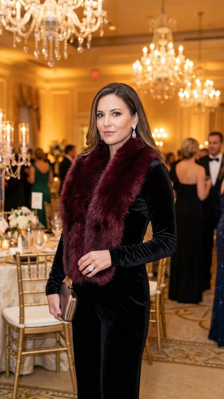 Glamorous woman in a black velvet jumpsuit and faux fur stole at an opulent gala event.