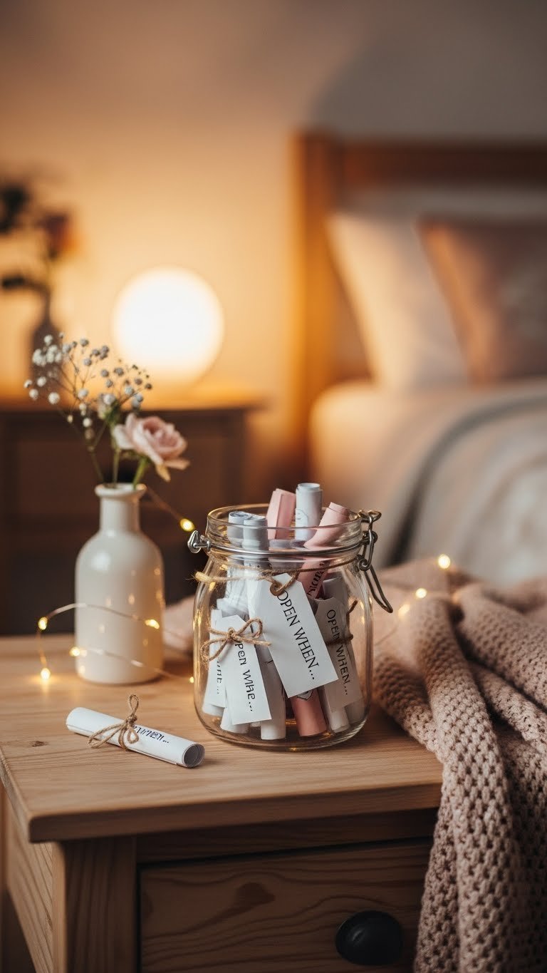 Glass jar filled with 'Open When' letters surrounded by fairy lights on rustic bedside table