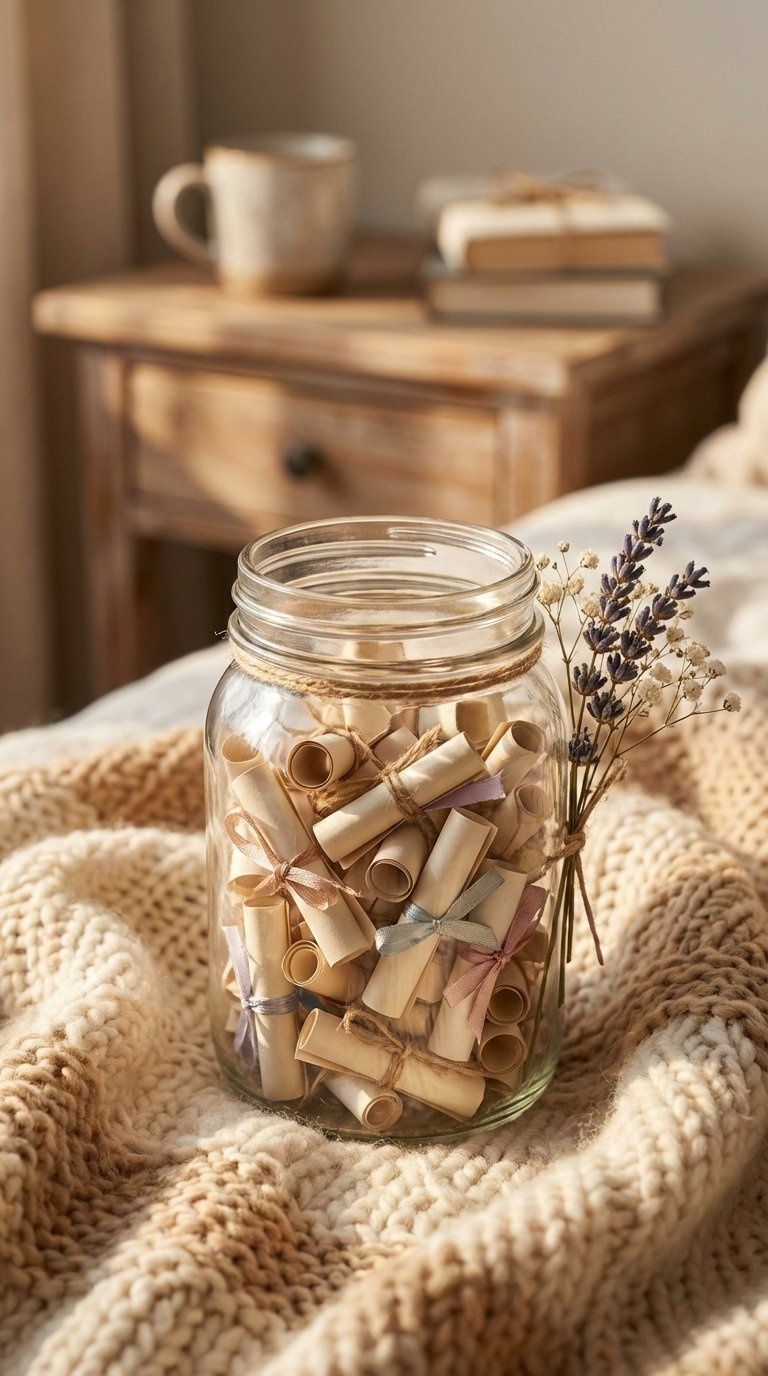 Glass jar filled with colorful rolled love notes and open-when letters arranged on textured blanket surface