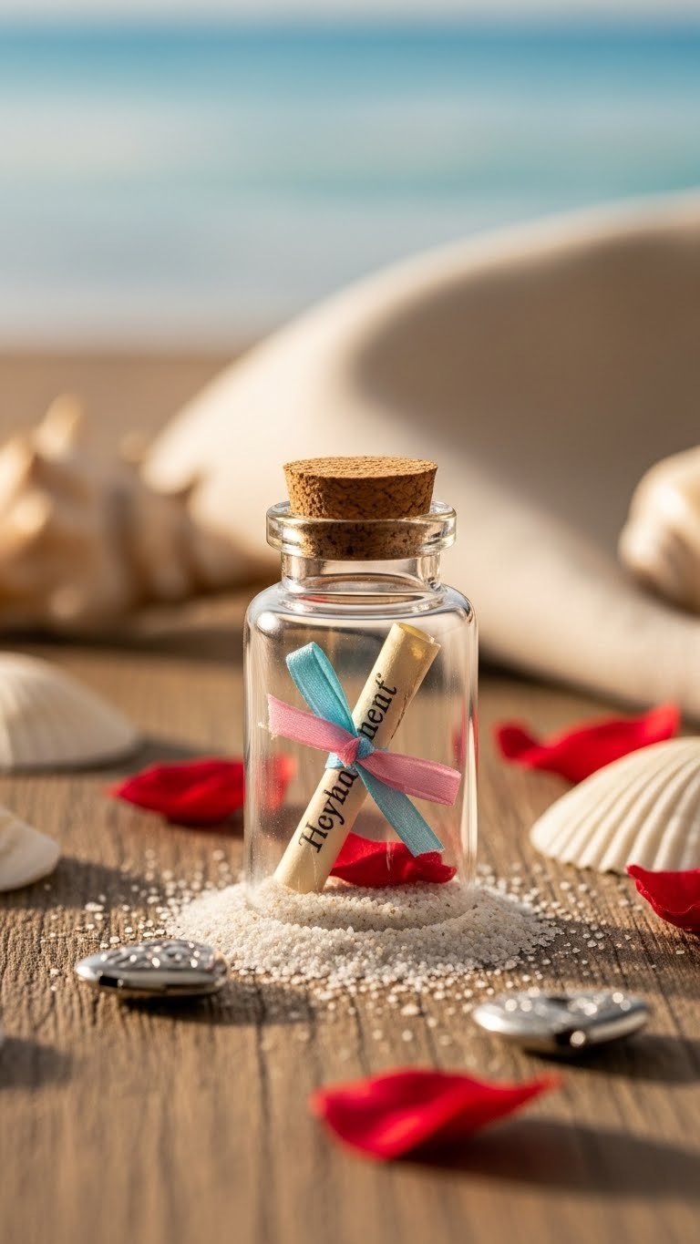 Glass message bottle with parchment scroll tied with pink or blue ribbon on sandy beach setting for romantic reveal