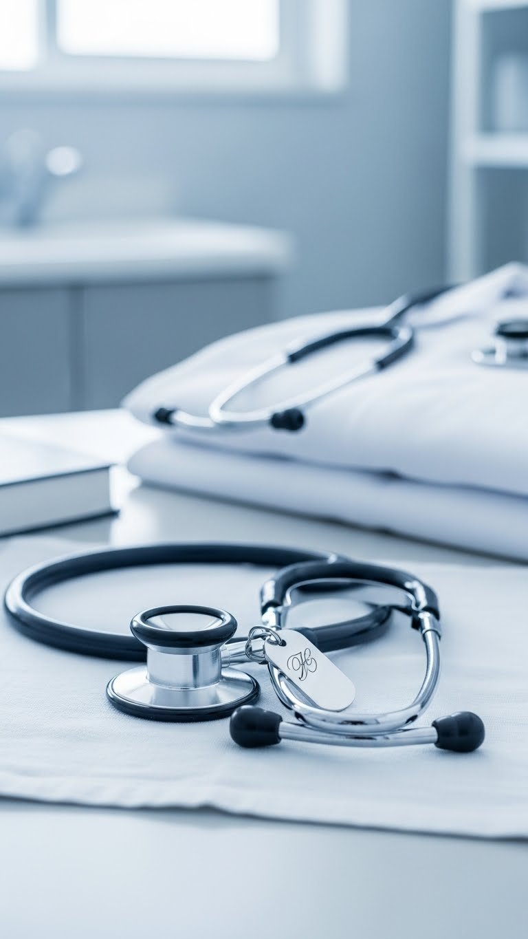 Gleaming stethoscope with engraved tag on medical counter in pristine healthcare setting