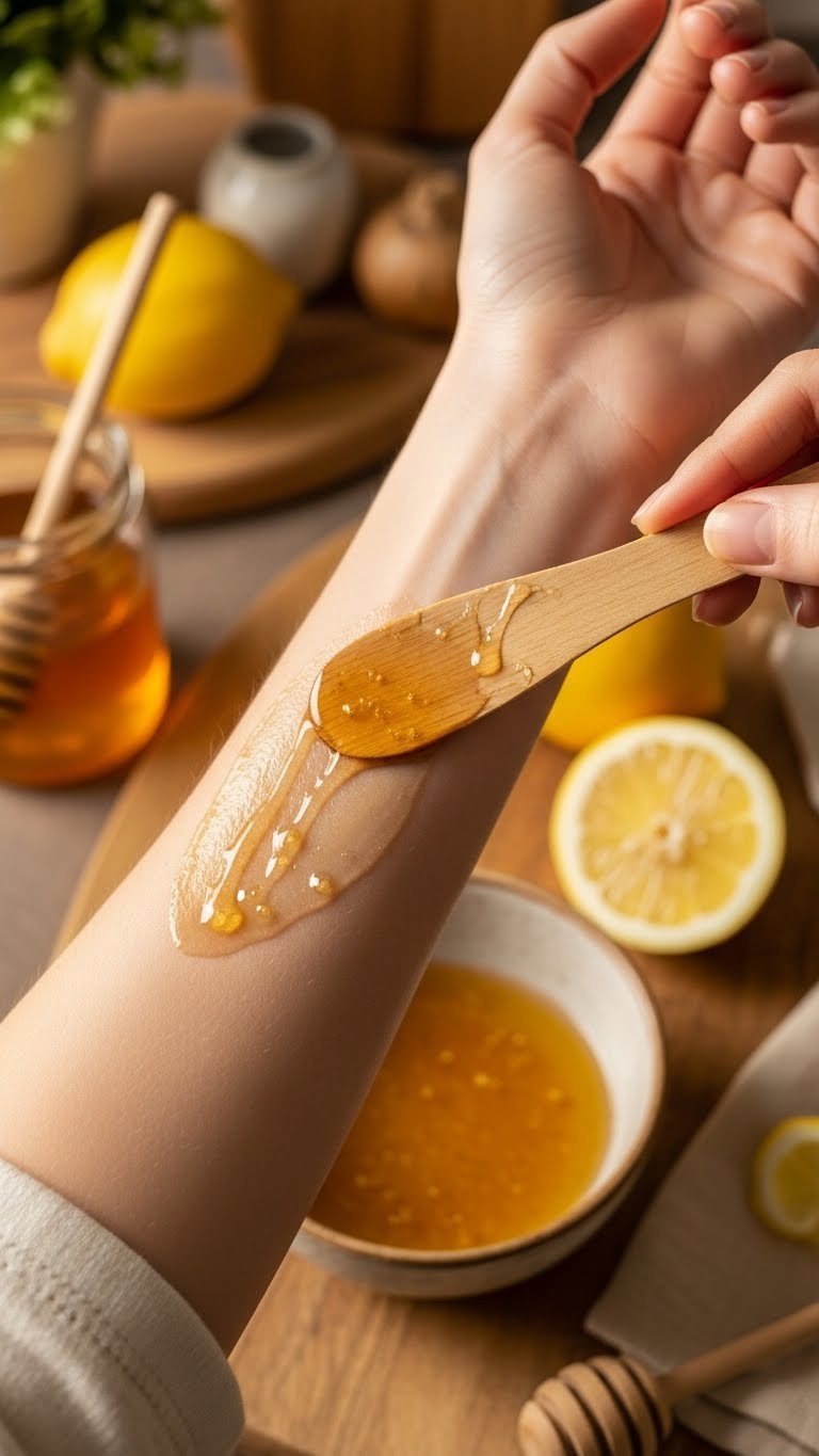 Glistening lemon honey hair removal mixture applied to forearm with wooden spatula against warm kitchen background with natural ingredients.