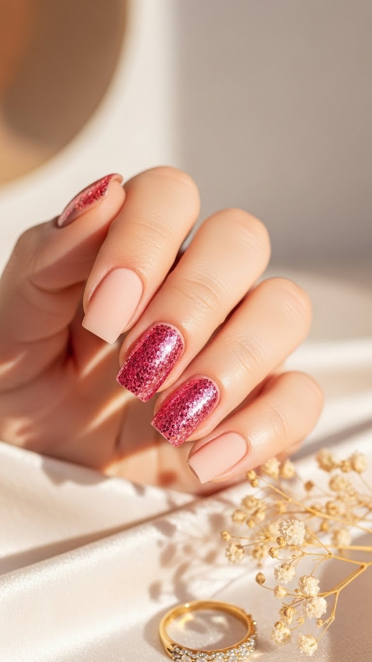 Glitter accent square Valentine nails with matte nude base and iridescent sparkle on velvet cloth