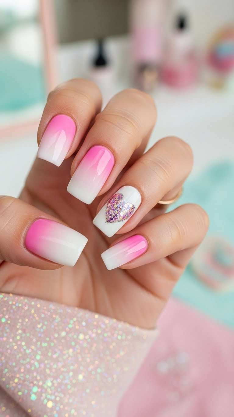 Glitter gradient nails featuring pink-to-white ombré with sparkling heart accent nails against pastel background