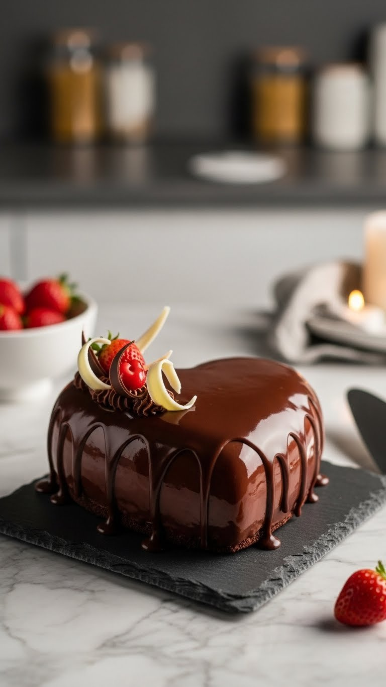 Glossy chocolate heart-shaped cake with ganache glaze and white chocolate curls on black slate board in elegant setting
