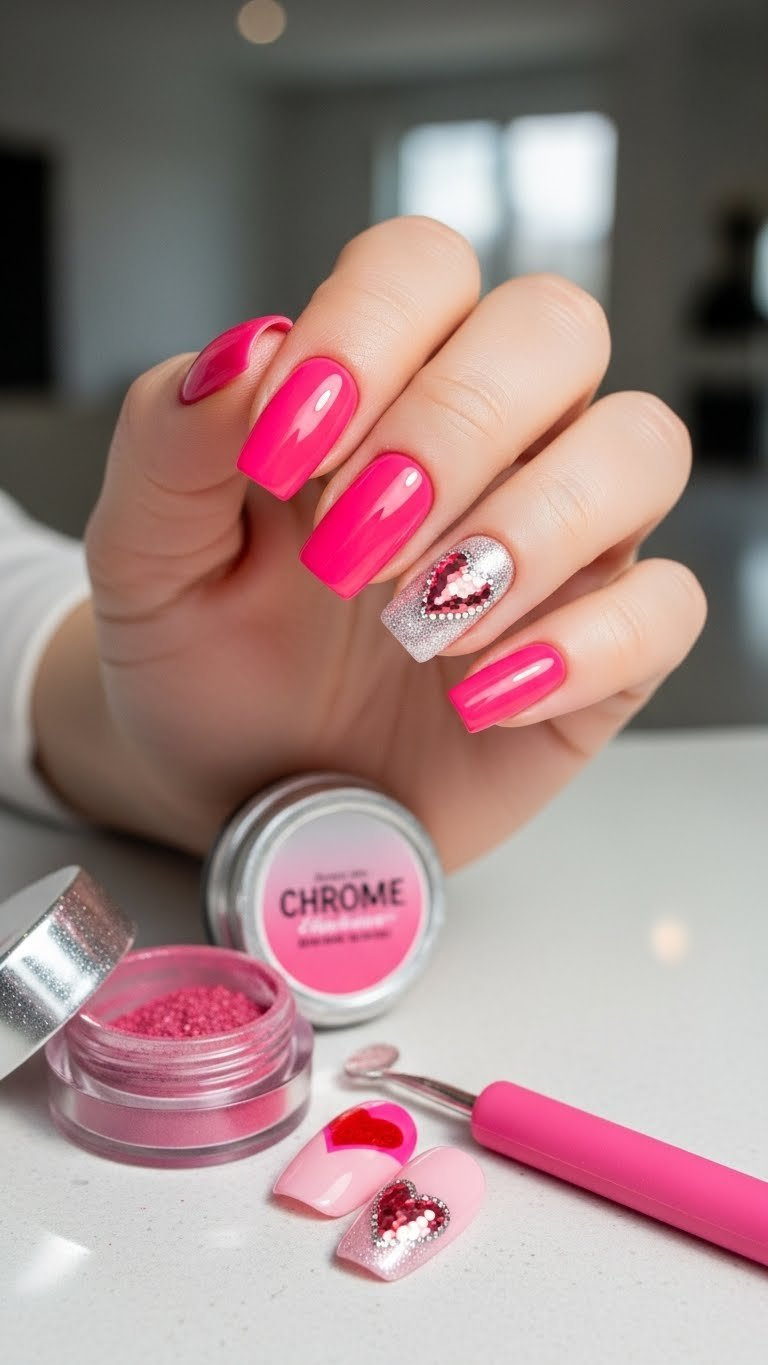 Glossy pink nails with mirror-like chrome heart accents and chrome powder tools on light-colored minimalist surface