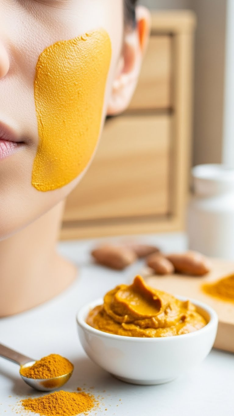 Golden Vaseline turmeric paste applied to facial skin for natural skincare treatment
