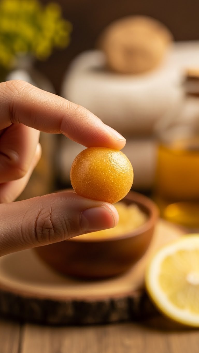 Golden ball of sugaring paste held between fingers ready for natural upper lip hair removal application