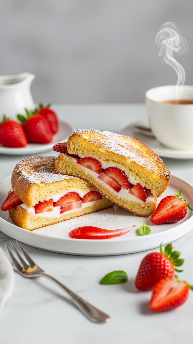 Golden-brown strawberry stuffed French toast slices with cream filling, powdered sugar, and fresh berries on a white ceramic plate.