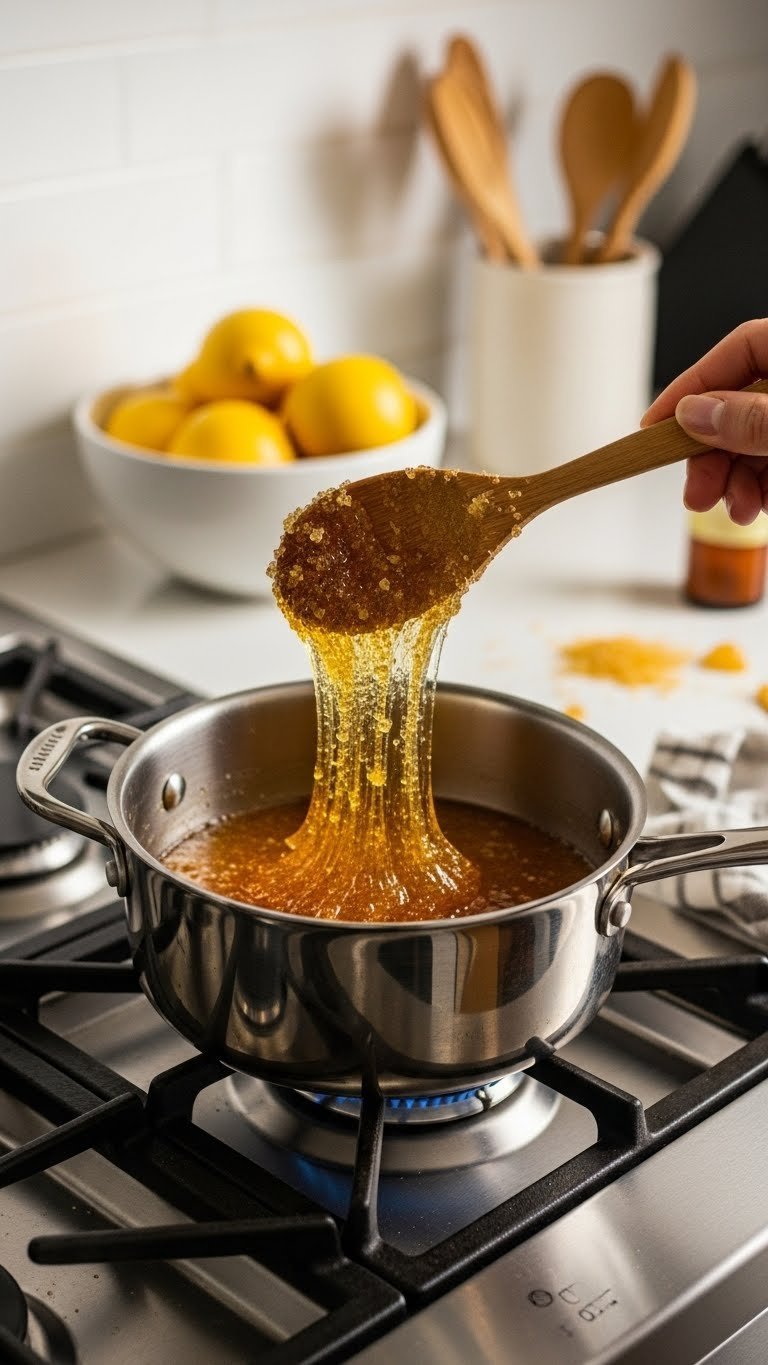 Golden sugar wax mixture simmering in saucepan on stovetop with wooden spoon and lemon bowl background