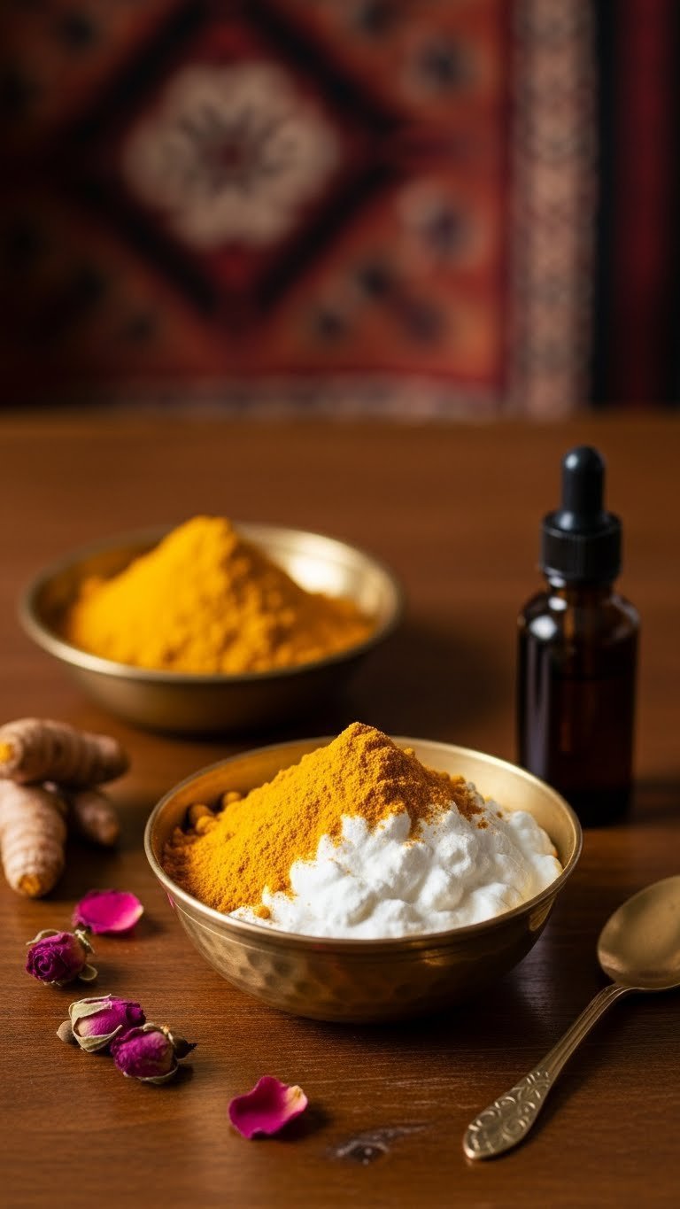 Golden turmeric and baking soda skin brightening paste in traditional brass bowl on dark wooden table