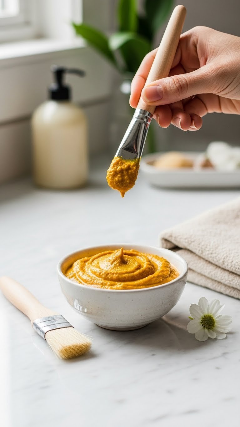 Golden turmeric milk paste in ceramic bowl with applicator brush on marble countertop for natural hair removal