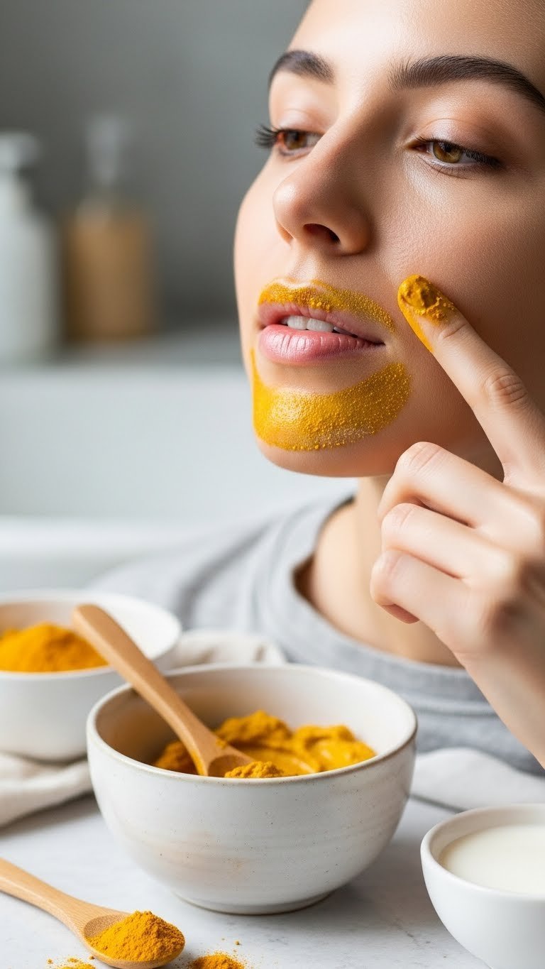 Golden turmeric paste applied gently to woman's upper lip area for natural skin brightening treatment
