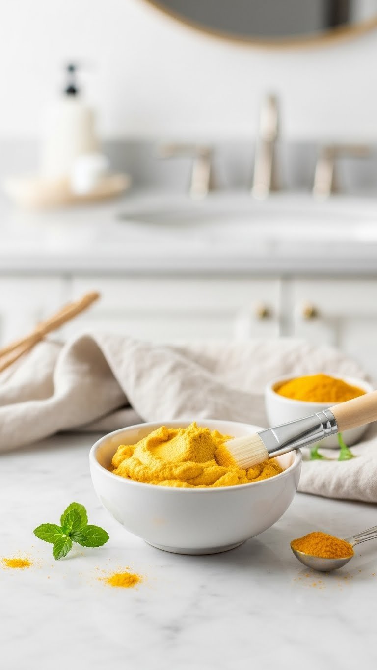 Golden-yellow baking soda and turmeric hair removal cream mixture in ceramic bowl with application brush on marble countertop