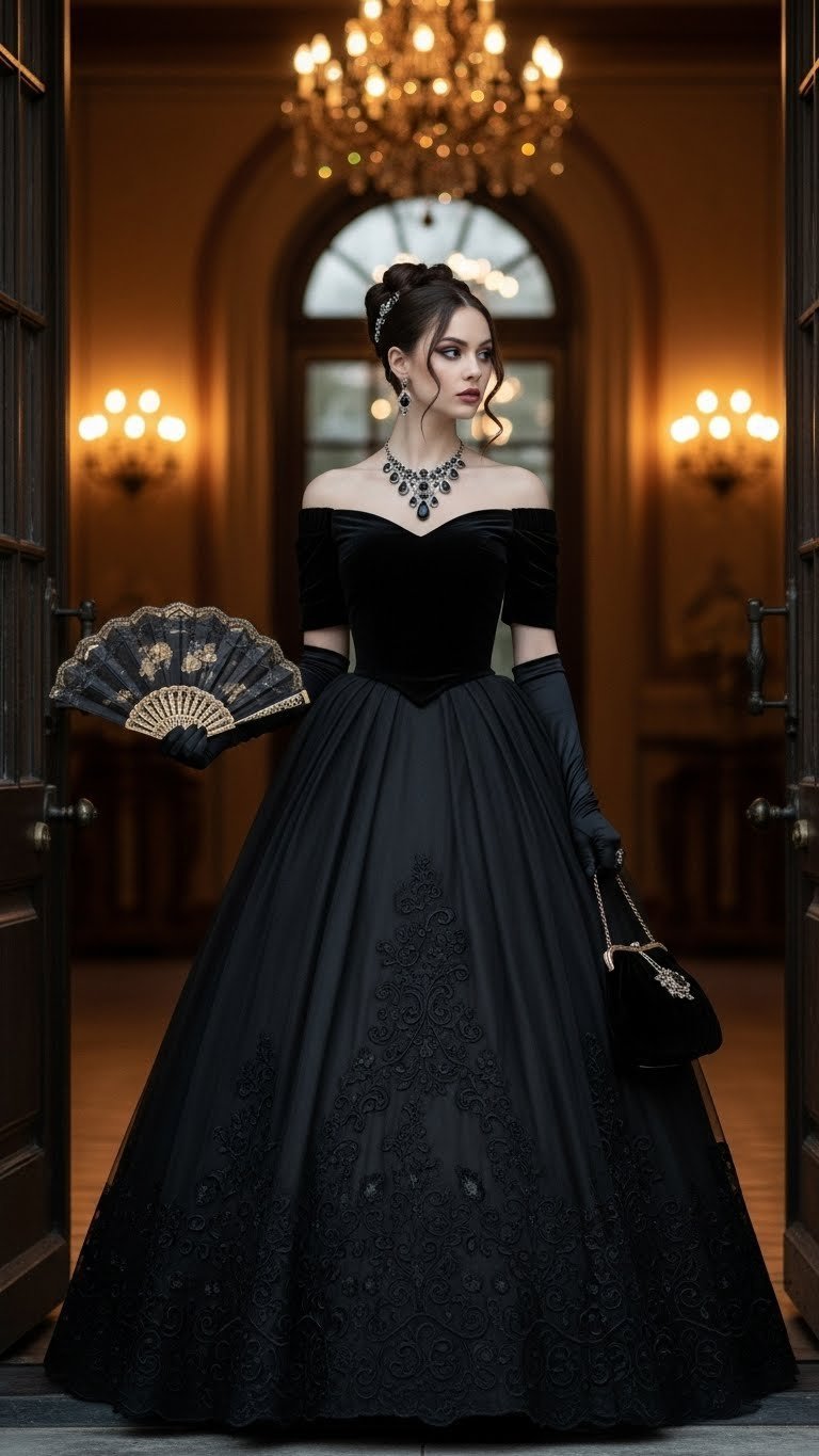 Gothic elegance ball gown with velvet bodice and intricate embroidery in grand mansion entrance with golden hour lighting