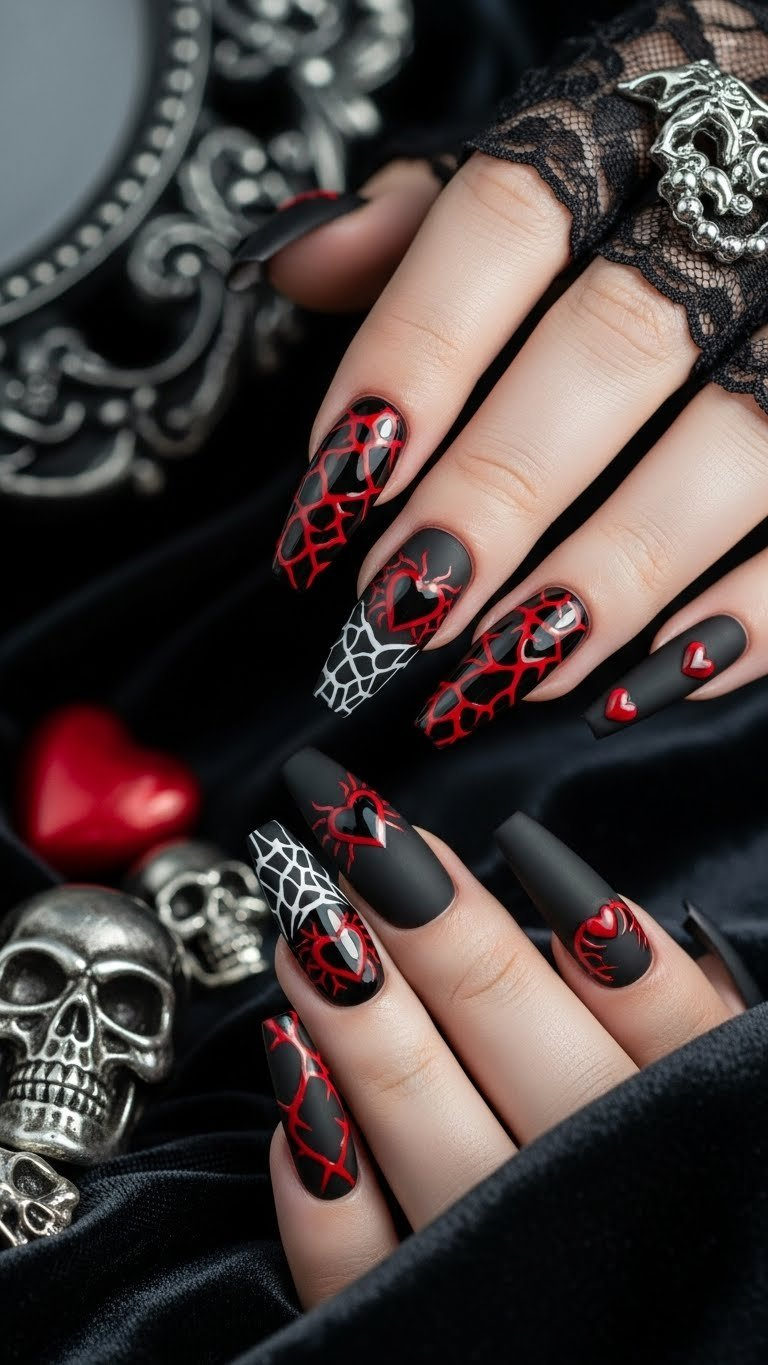 Gothic matte black Valentine's Day nails with glossy red spiderweb details and skull ring against velvet backdrop